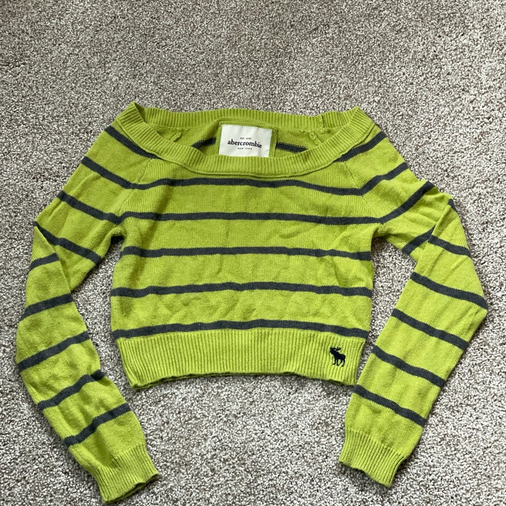 Abercrombie & Fitch Lime Green and Charcoal Striped Off-the-Shoulder Sweater